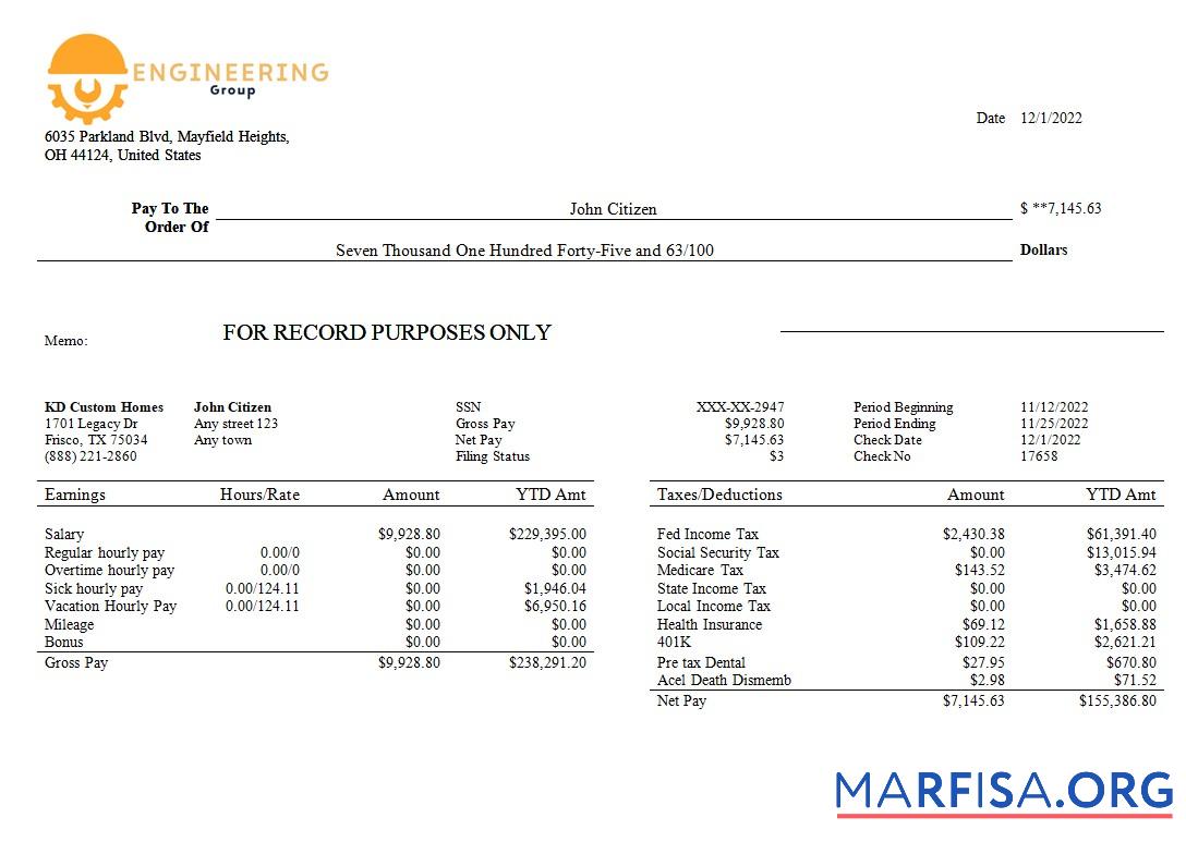Blank Engineering company payslip sample